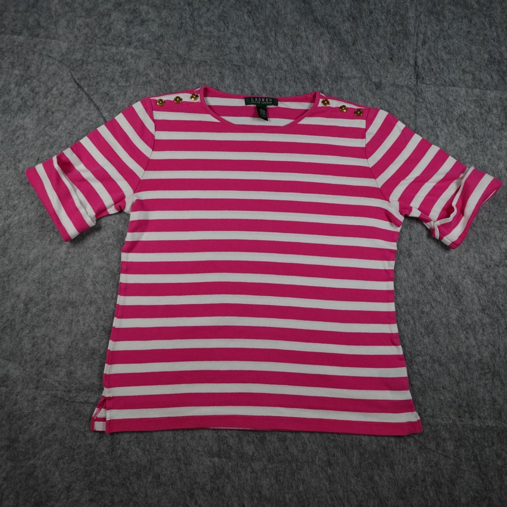 Ralph Lauren Top Women Large Pink White Striped Gold Shoulder Button Cotton Tee